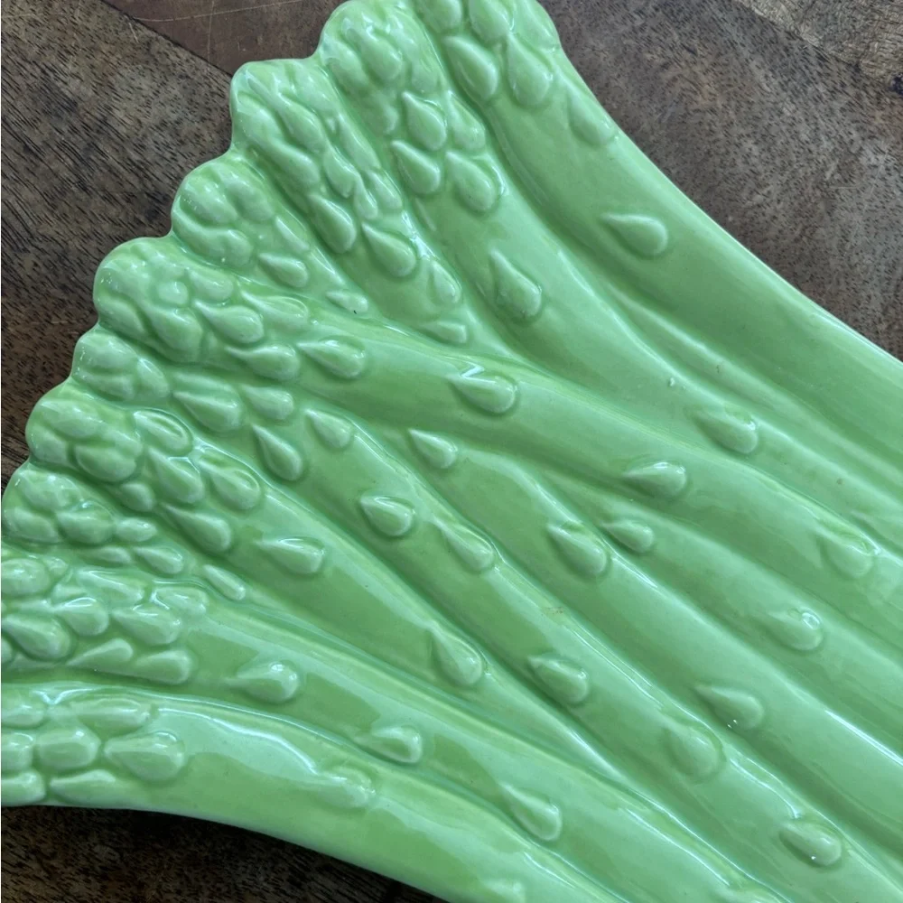 Vintage small majolica Crate&Barrel Green Asparagus Platter tray 11” by 8”